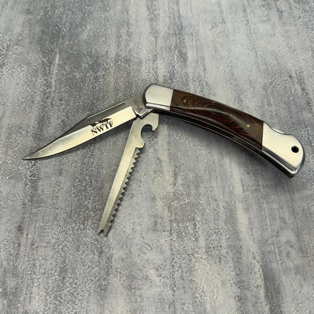 NWTF National Wild Turkey Federation Two Blade Folding Knife Can Opener Saw